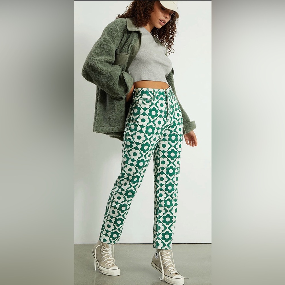 PACSUN GREEN FLOWER HIGH RISE STRAIGHT JEANS PANTS WOMENS SZ 23